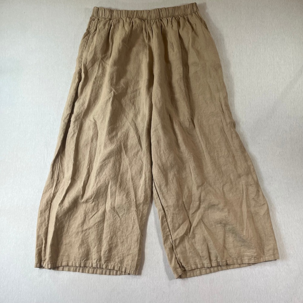 Bryn Walker 100% Linen Wide Leg Pants 1X Tan Khaki Elastic Waist Made in USA